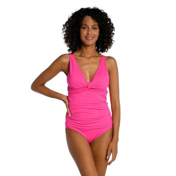 NWT! La Blanca Island Goddess Twist Tie Back Tankini Top in Pop Pink - Size 8 - Picture 1 of 8